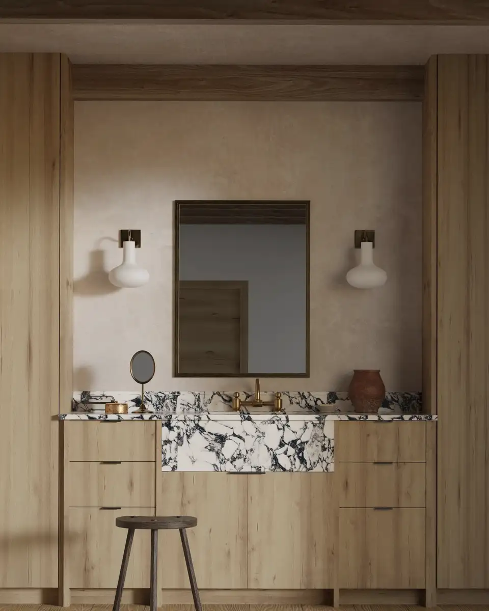 Oak vanity with a stone-fronted basin and two wall sconces